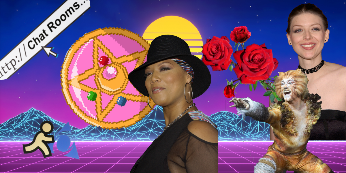 A collage against a vaporwave early internet background. Collage features the AOL logo, a chatroom link, the moon compact from Sailor Moon, roses, a character from the musical, Cats, Amber Benson, and in the center, Queen Latifah