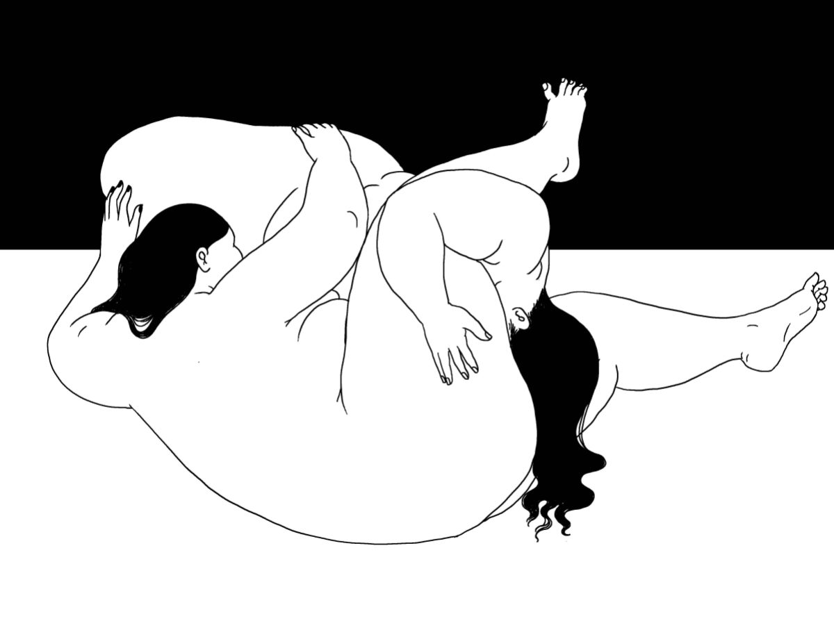 A black and white line drawing depicts two nude people with long, black hair on their sides in a "69" position. We cannot see their faces, but we can see their round asses and their belly rolls.
