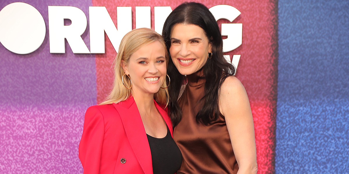 LOS ANGELES, CALIFORNIA - SEPTEMBER 08: (L-R) Reese Witherspoon and Julianna Margulies attend Apple TV+'s "The Morning Show" Photo Call at Four Seasons Hotel Los Angeles at Beverly Hills on September 08, 2021 in Los Angeles, California. (Photo by Leon Bennett/WireImage)