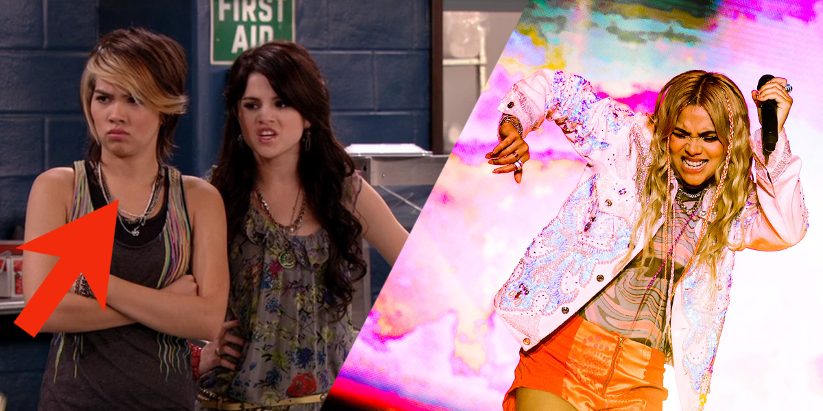 Hayley Kiyoko, a Disney Channel Star who came out as gay, guest stars on Wizards of Waverly Place, placed next to the photo an adult Kiyoko performs on a stage with rainbow smoke around her.