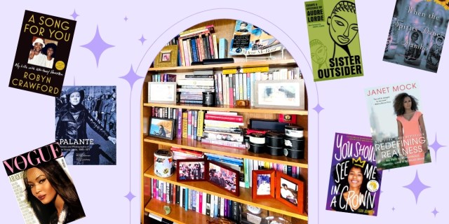 A collage of books from Carmen's nightstand and bookshelf