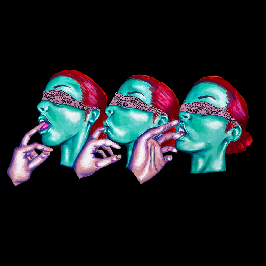 Three different images of a person with teal skin and pink hair who is wearing a patterned pink blindfold sucking on the fingers of a hand with pink skin against a black background