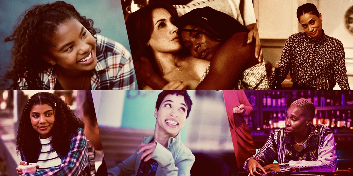 A collage of the black characters from Generation Q, left-to-right: Angie, Bette and Pippa, Sophie. Bottom row, left-to-right: Kayla, Maribel, Eddie