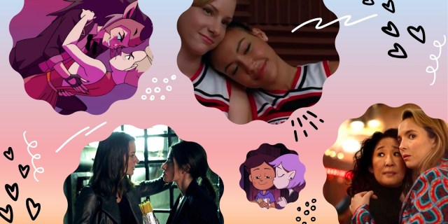 A collage of five couples from the list — Catra and Adora, Brittany and Santana, Root and Shaw, Amity and Luz, Villanelle and Eve — against a pink sunrise gradient background