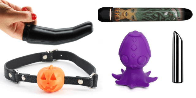 A black finger extender, a jack-o-lantern ball gag, a Medusa vibrator, a purple alien butt plug and a silver bullet against a white background