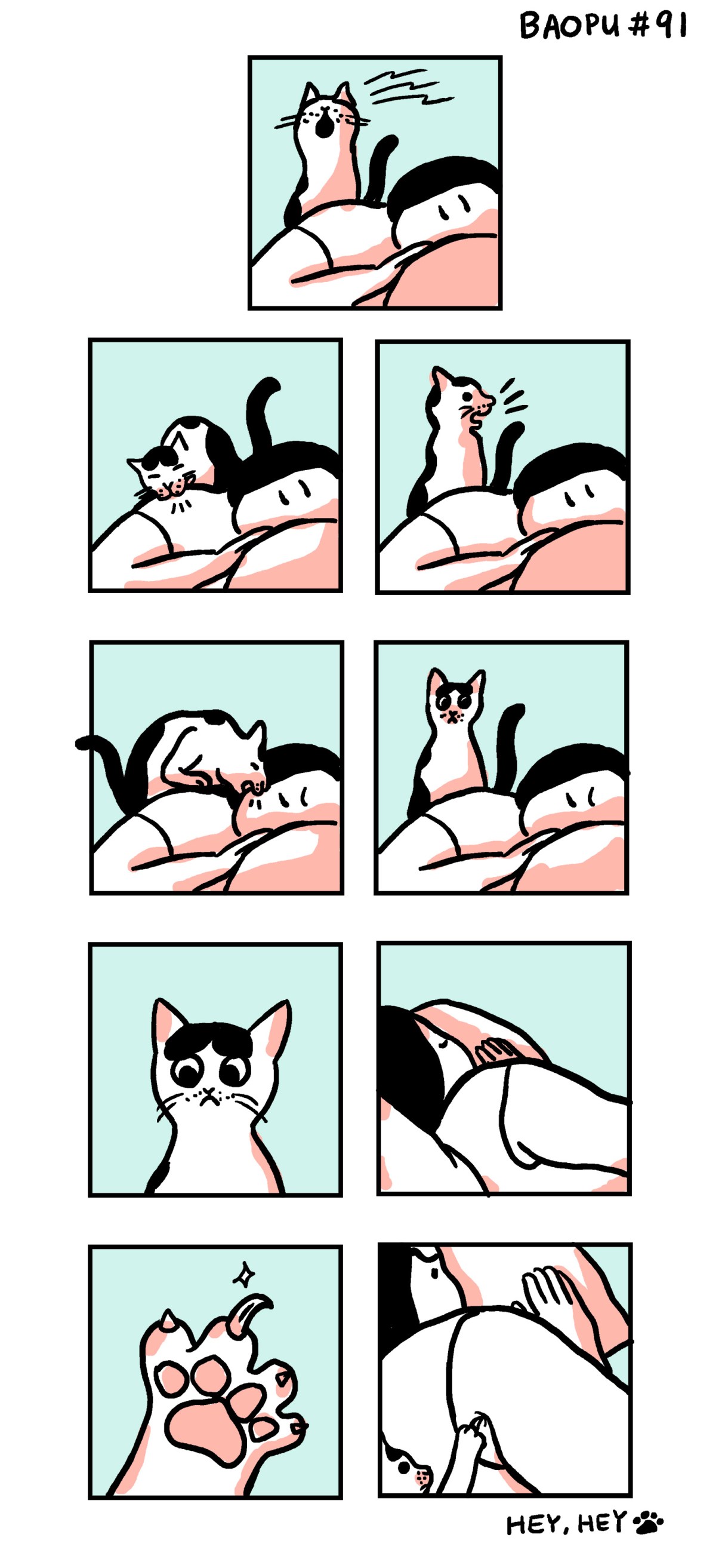 There's a cat laying against a human trying to wake them up across a nine panel comic in shades of blue, pink, and white.