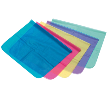 Five dental dams of different bright colors against a white background