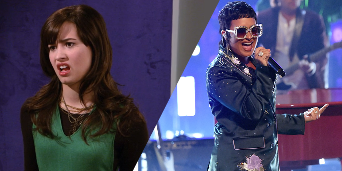 Demi Lovato on Sonny with a Chance, and Demi dressed up like Elton John performing as an adult on stage