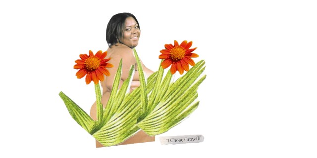 A Fat Black woman is standing behind orange flowers and greenery