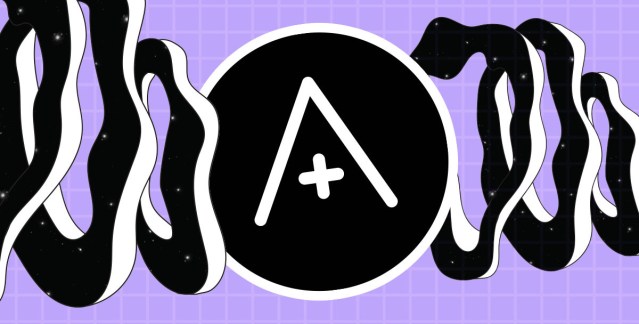 A feature image with a lavender background with a futuristic white grid over it. Above it are wavy, abstract shapes in black and white. In the center is the the A+ logo