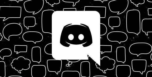 A black background with faint outlines of word bubbles on them, with a black discord logo in a white discord speech bubble prominently placed in the center