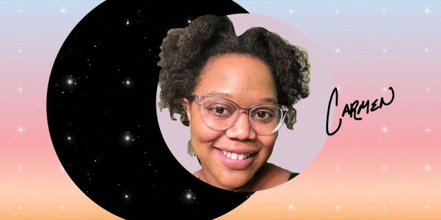 A headshot of Carmen, Editor in Chief, who is shown in a circle of lavender set against a starry circle backdrop, all in front of a sunrise gradient. Carmen is a Black woman with curly hair parted in the center and clear glasses. She is smiling at the viewer.