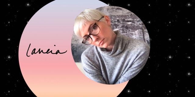 A feature image with a headshot of our Executive Editor, Laneia. Laneia is a white woman with short blonde hair and dark glasses. She's wearing a gray turtleneck, leaning to the side and gazing at the viewer. She is set against a sunrise gradient background against a black starry sky background