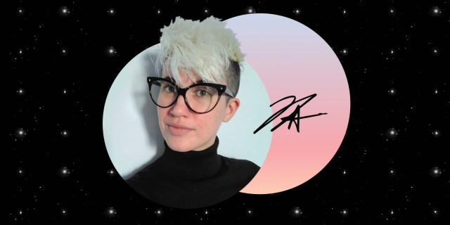 A feature image with a headshot of Autostraddle's A+ and Fundraising Director, Nicole. Nicole is a white genderqueer person with large, tortoise shell glasses and hair that is bleached on top and a mix of gray and dark brown, shaven, on the sides. They are wearing a black sweater and are set against some cut out circles with a sunset gradient against a starry black sky