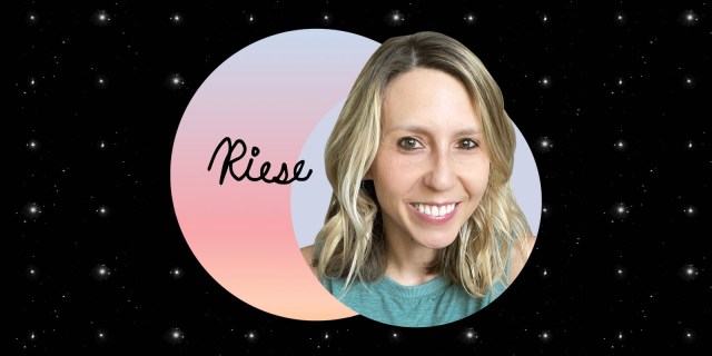 This graphic shows a headshot of Riese, Autostraddle CEO and co-founder, set against a sunrise background which is set against a starry sky background. Riese is a white woman with shoulder length blonde hair. She has NO glasses and is smiling.