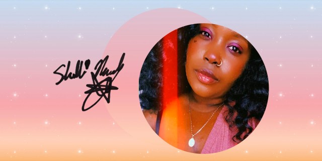 A feature image with a headshot of Culture Editor, Shelli Nicole. Shelli is a Black woman with long curly hair and a nose ring. She is wearing pink eyeshadow and a matching pink shirt. She is looking directly at the viewer. Her headshot is set against a sunrise gradient background.