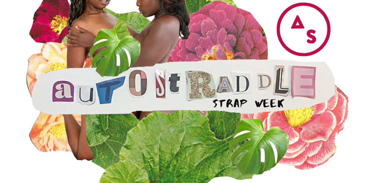 Two Black women are standing next to each other surrounded by pink and purple flowers. The word Autostraddle is in cut up pieces.