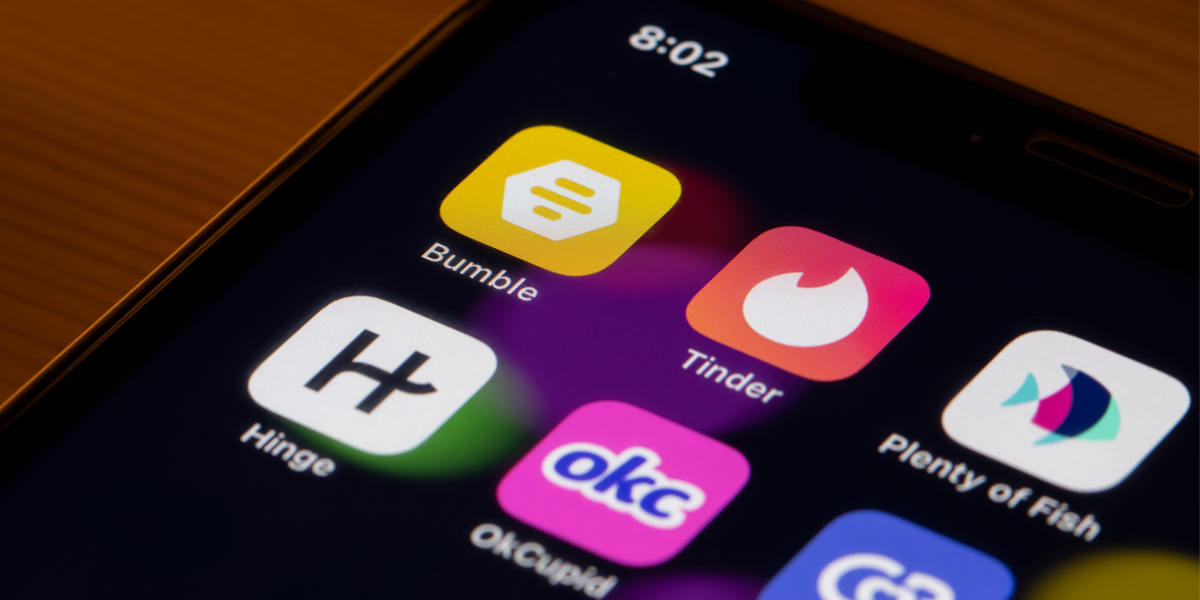A phone screen shows icons for Bumble, Tinder, Plenty of Fish, Hinge and OKCupid