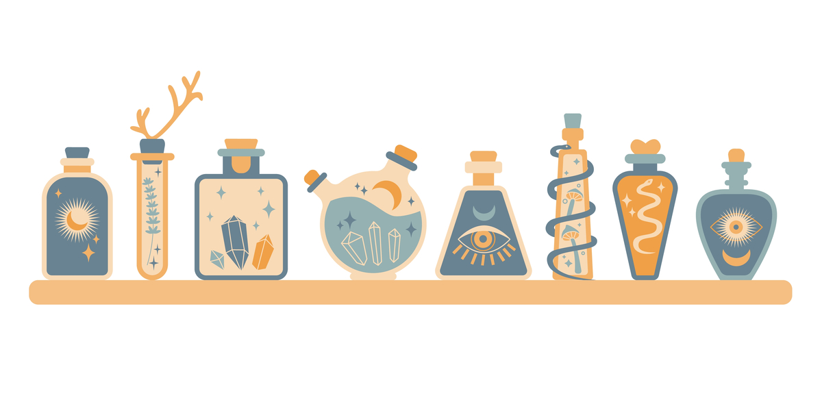 an illustration of eight potion bottles sitting on a shelf; the color scheme is blue and orange