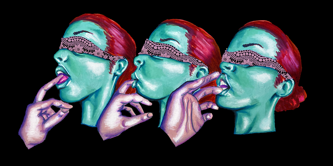 Three different images of a person with teal skin and pink hair who is wearing a patterned pink blindfold sucking on the fingers of a hand with pink skin against a black background