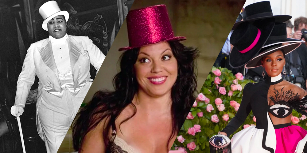 Gladys Bentley, Sara Ramirez and Callie Torres, and Janelle Monae — all wearing top hats