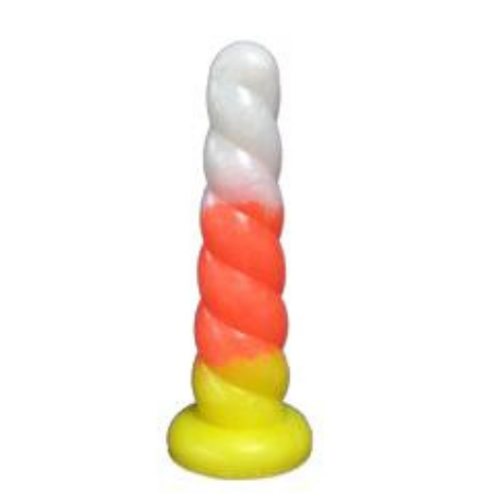 A white, orange and yellow dildo with a swirl pattern