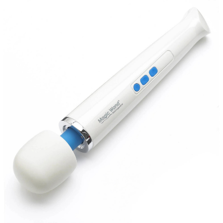 A Magic Wand vibrator, which has a bulbous head, a long white handle and blue buttons