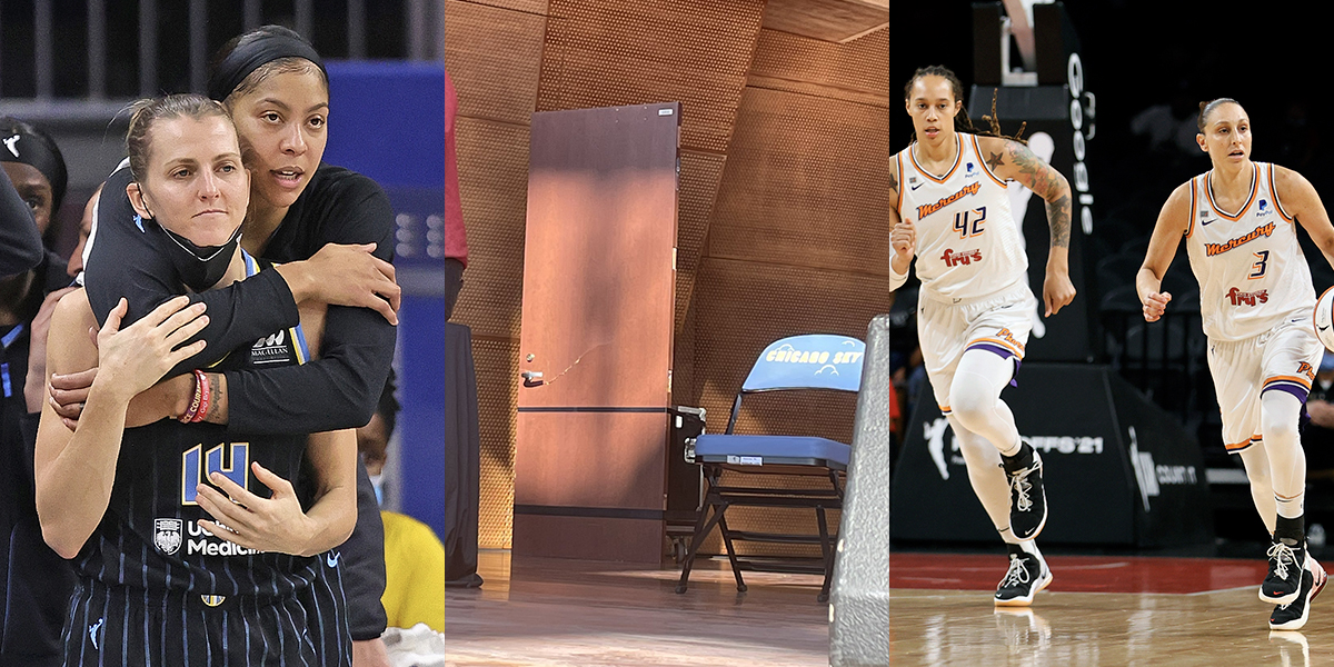 Three photo collage: Candace Parker and Allie Quigley, the door Diana Taurasi broke, and Brittney Griner and Diana Taurasi