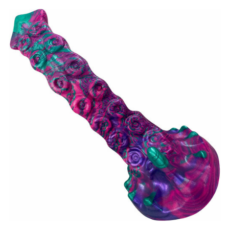 A blue, pink and purple tentacle dildo with suckers along the shaft and protruding nubs on the base