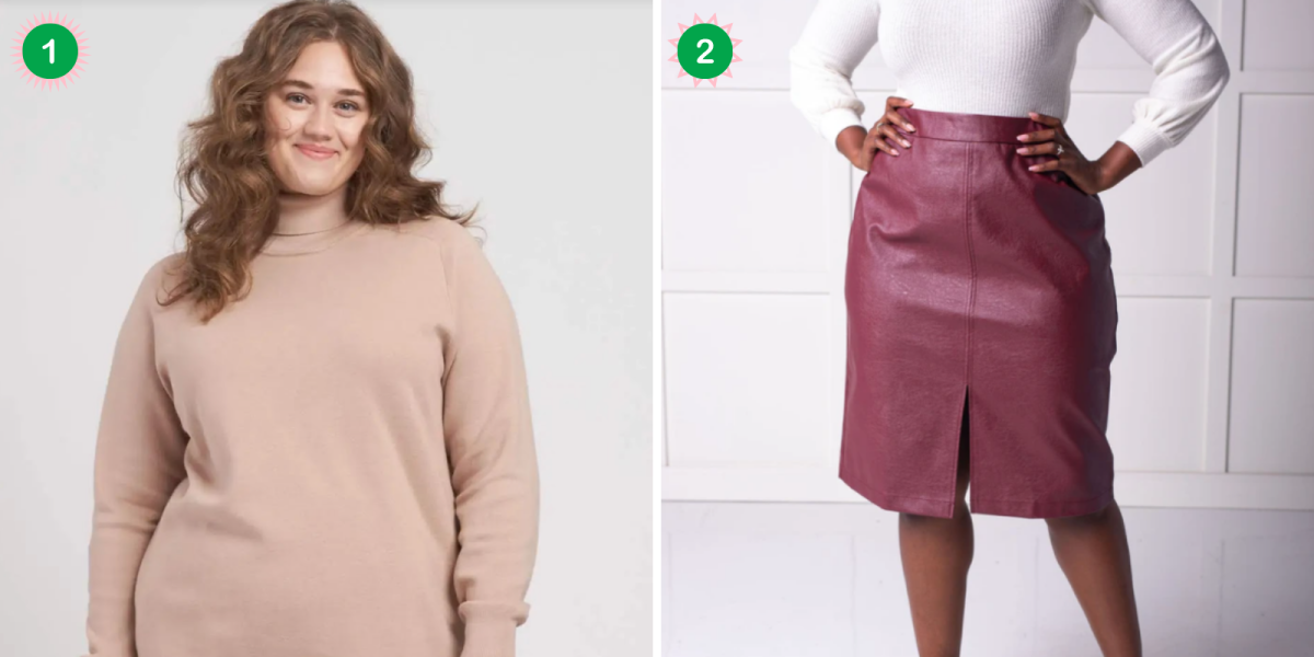 A Plus Size Holiday Fashion Lookbook For Fat Femmes: A collage of a turtleneck and a leather skirt