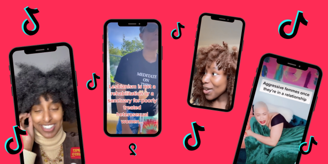 Image shows 4 images on 4 phones on a Red background with the TikTok logo floating in between them. From left to right: Phone 1 has a Black person with a large curled afro holding their hand to one side of their face smiling. Phone 2 has a Black person with sunglasses and the words “Lesbianism is not a sanctuary for poorly treated heterosexual women”. Phone 3 has a Black person with a large curly afro looking away from the camera and smirking. Phone 4 has a Black person with short blonde hair wrapped up in a green velvet blanket and the words “Aggressive fems once they in a relationship