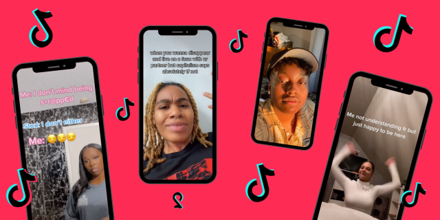 Image shows 4 images on 4 phones on a Red background with the TikTok logo floating in between them. From left to right: Phone 1 has a Black woman with text above her that reads: “Me: I don’t mind being strapped” Stud: “I Don’t either”.” Phone 2 has a Black person with light blond twists with image above them that reads “When you wanna disappear and live on a farm with ur partner but capitalism says absolutely not.” Phone 3 has a Black person wearing a hat and a flannel looking into the camera while beautifully lit. Phone 4 has a woman happily mid dance with text above that reads “ Me not understanding fr but just happy to be here”