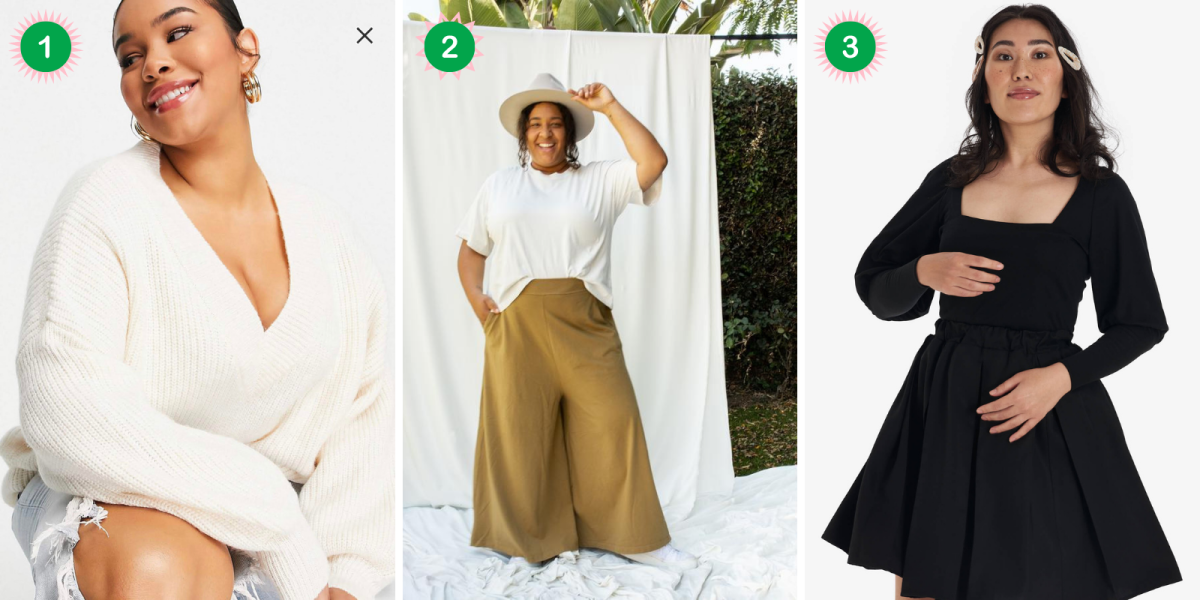 A Plus Size Holiday Fashion Lookbook For Fat Femmes: A collage of a sweater, a wide legged pant, and a black skirt