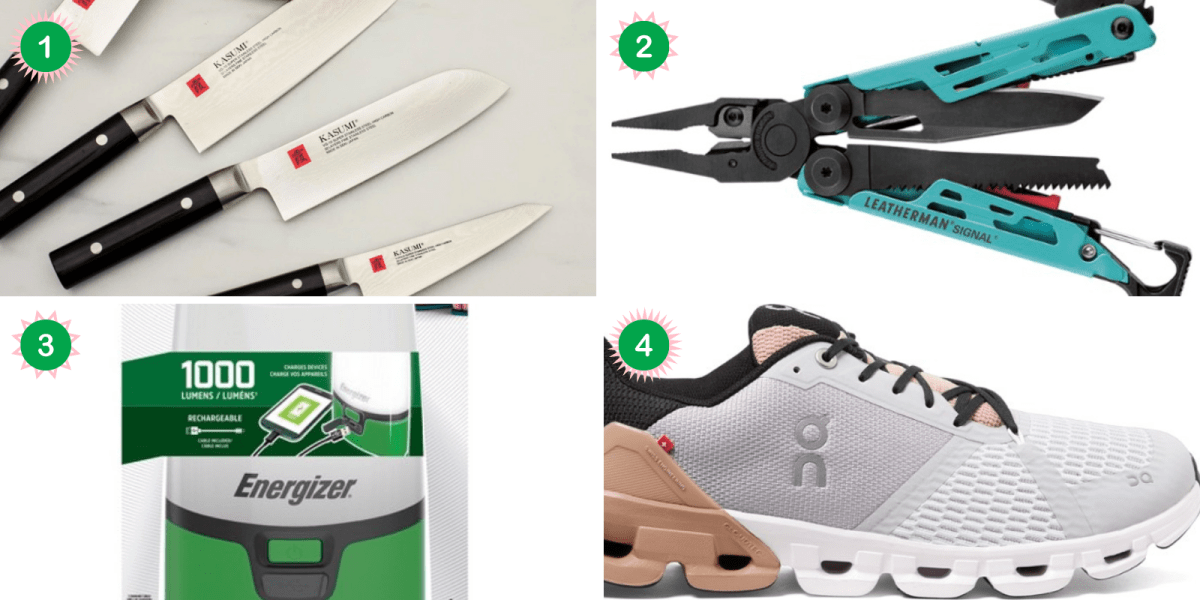 A collage of knives, a multitool, sneakers, and a lamp