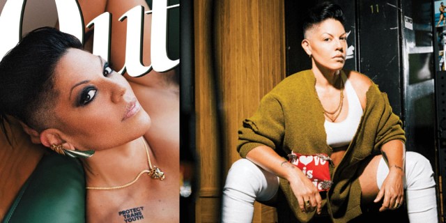 Out Magazine cover featuring Sara Ramirez in makeup and showing a little bit of armpit hair, next is an image of Sara from Out Magazine in a Calvin Klein sports bra and green cardigan