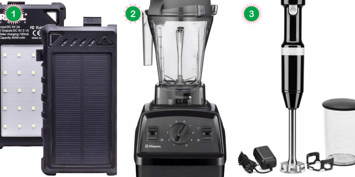 2021 queer gift guide collage: Vitamix Blender, Kitchenaid Immersion Blender, and Solar Light And Charger
