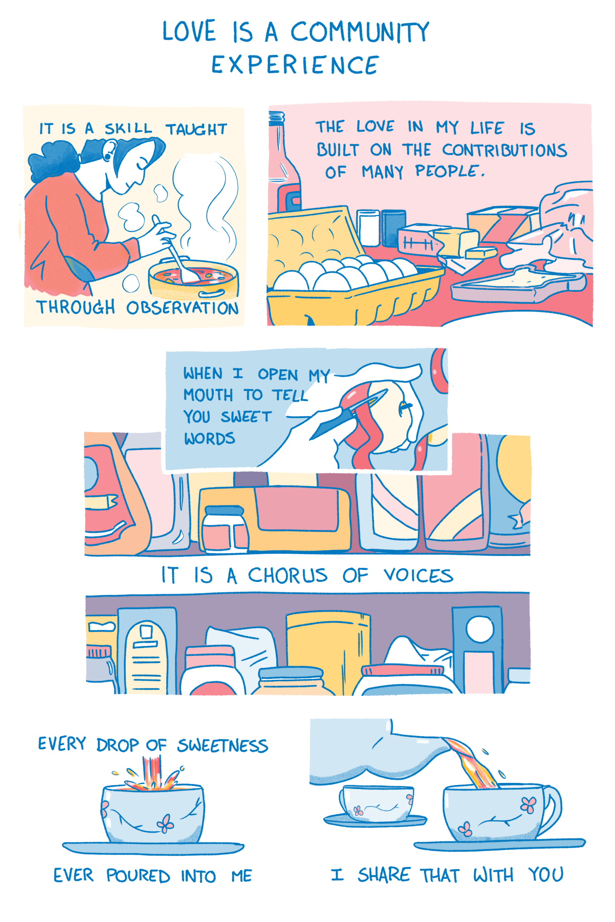 The title "Love Is a Community Expierence" is in blue font above a femme person cooking and a carton of eggs. in the next panel it says "it is a chorus of voices, every drop of sweetness, ever poured into me, I share with you next to a kettle of tea.