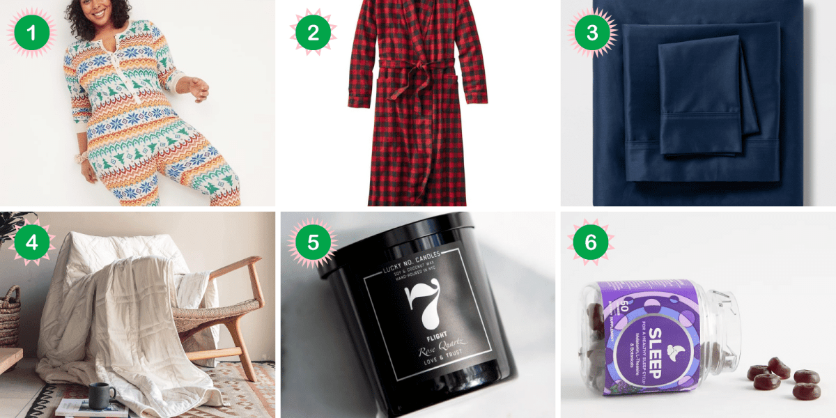 2021 queer gift guide collage: Thermal-Knit One-Piece Pajamas, Scotch Plaid Flannel Robe, 400 Thread Count Threshold Solid Performance Sheet Set, Baloo Living Weighted Blanket, Lucky No. Candle, No. 7 Flight, and OLLY Melatonin Gummy Bears