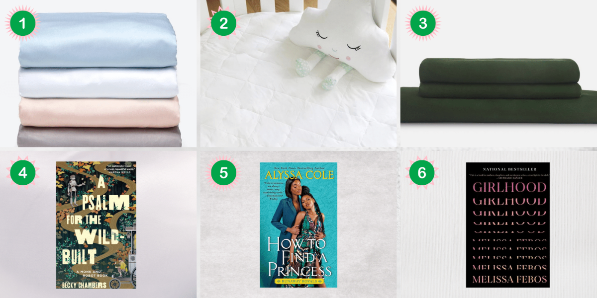 2021 queer gift guide collage: Crib sheets, Crib mattress protector, Forest Green King sheets, the book A Psalm for the Wild-Built by Becky Chambers, the book How to Find a Princess by Alyssa Cole, and the book Girlhood by Melissa Febos