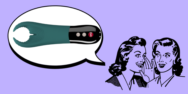 Against a lavender background, there is a drawn image of two women with 1950s hairstyles. One woman whispers in the other's ear. A speech bubble appears to her left. Inside the speech bubble, there is a teal, silicone, claw-shaped sex toy with ridges. It has a plastic handle with white and red buttons.