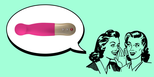 Against a teal background, there is a drawn image of two people whispering to each other in the bottom right corner. A speech bubble is in the upper left corner. Inside the speech bubble, there is an image of a bright pink vibrator with a gold handle and a bulbous insertable end.