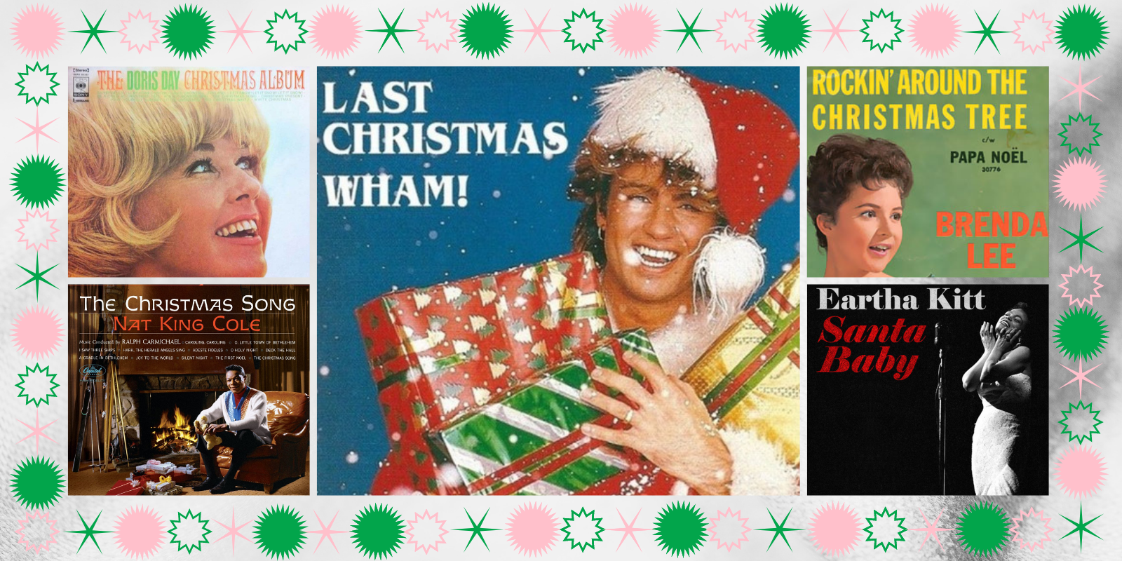 Most Lesbian Christmas Songs: A collage of five Christmas albums by Doris Day, Nat King Cole, Wham!, Brenda Lee, and Eartha Kitt