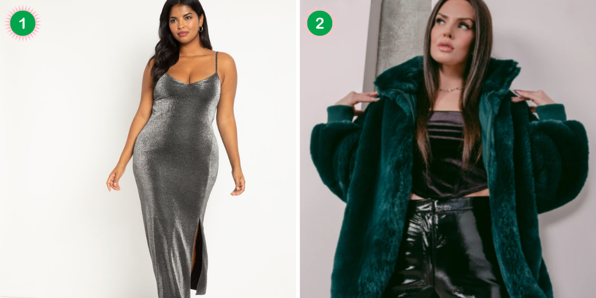 A Plus Size Holiday Fashion Lookbook For Fat Femmes: A collage of a long silver dress with a slit and a faux fur bomber jacket