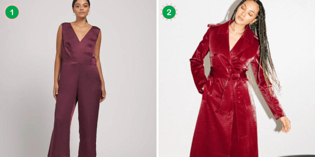A Plus Size Holiday Fashion Lookbook For Fat Femmes: A rose colored jumpsuit and a bright red trenchcoat