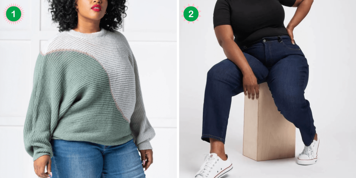 Holiday Lookbook For Fat Femmes: A color block sweater and a pair of high rise skinny jeans