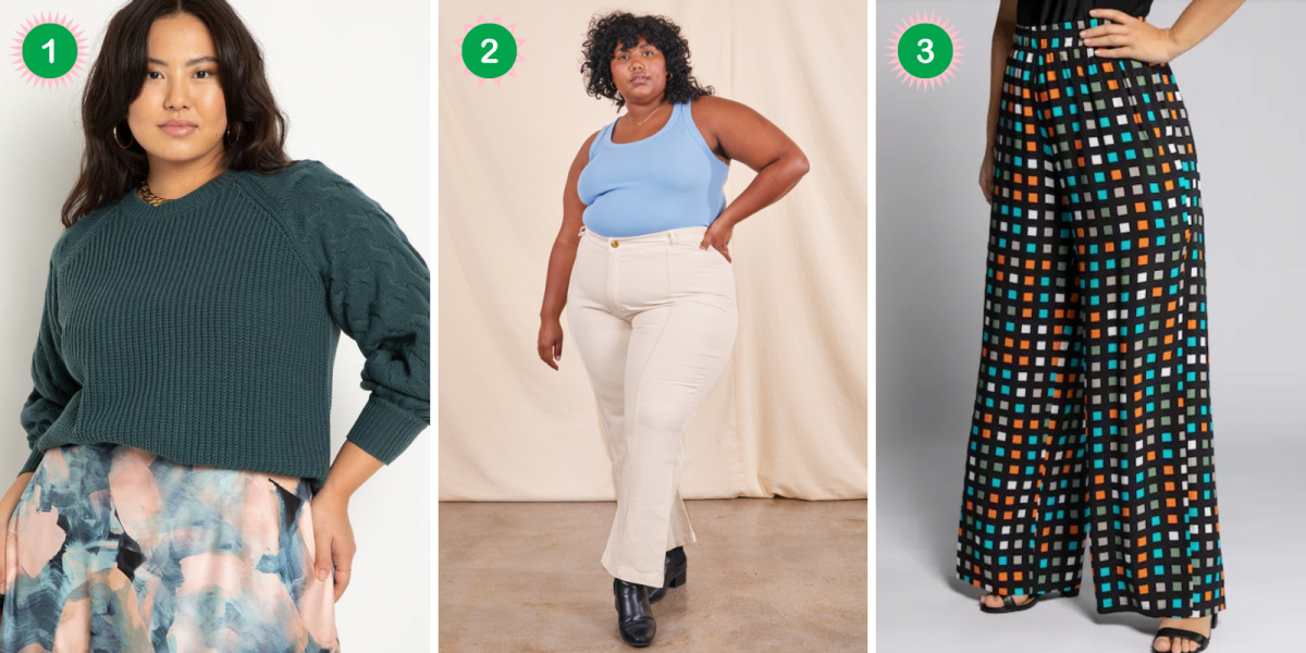 Holiday Lookbook For Fat Femmes: A collage of a teal sweater, off white pants, and colorful printed pants