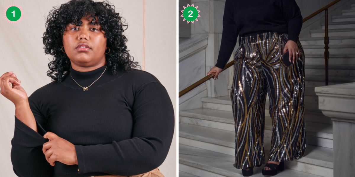 A Plus Size Holiday Fashion Lookbook For Fat Femmes: A collage of a black turtleneck and a sequined pant