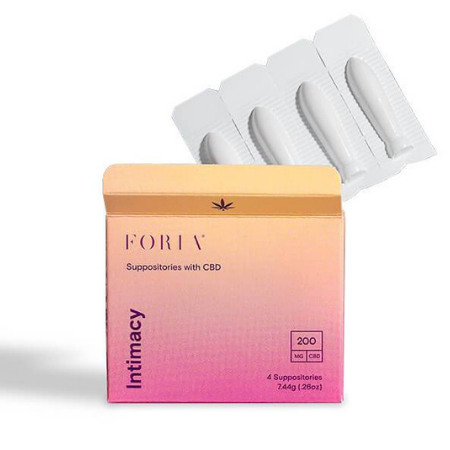 A peach and pink box has text that reads, "Foria" and "Intimacy." Four white suppositories are outside of the box.