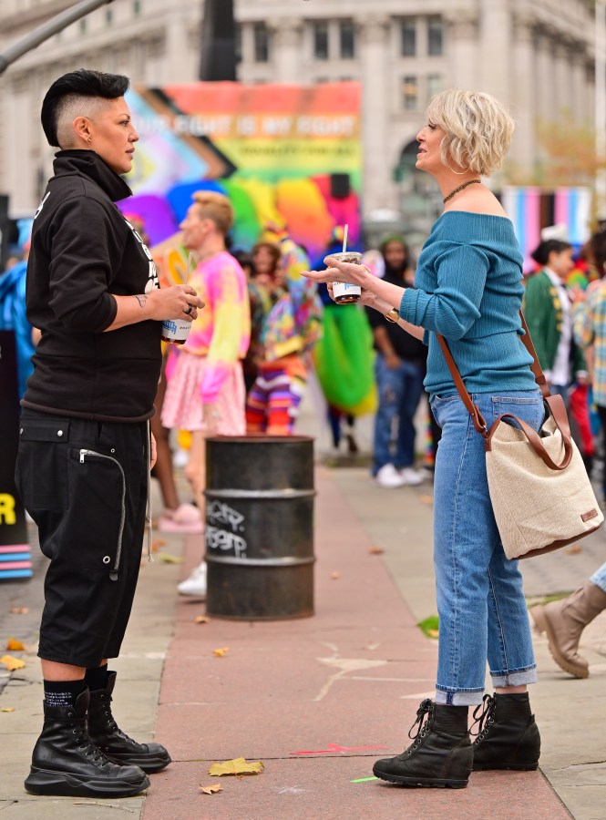 Sara Ramirez and Cynthia Nixon are seen on the set of "And Just Like That..." the follow up series to "Sex and the City" in Foley Square NYC