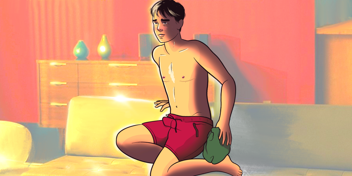 An illustration based on Hard Candy with Elliot Page as he looks now. He is on a couch wearing red shorts and no shirt. It looks like he's glowing in the sun.